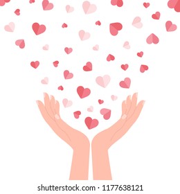 From a pair of hands the hearts fly out. Charity. Romantic. A vector illustration that symbolizes kindness, positive and love.
