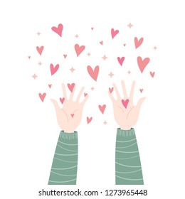 From a pair of hands the hearts fly out. Romantic. A vector illustration that symbolizes kindness, positive and love.