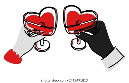 A pair of hands with heart-shaped glasses, top view. Wine lovers, the concept of a wine festival, a date. Flat vector illustration of a couple in love holding glasses in their hand. print design