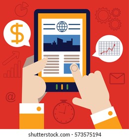 A pair of hands hold a tablet that has the on line news on it
