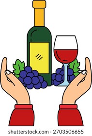 A pair of hands holding a bottle of wine and a glass of wine