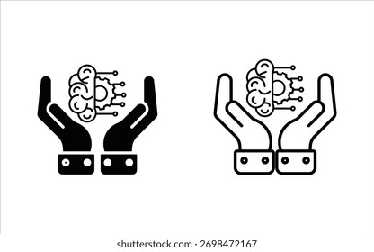 Un par de manos sosteniendo un cerebro con una placa de circuito integrado, que representa la gestión de la inteligencia artificial, el desarrollo tecnológico, la protección inteligente de datos y el concepto de conocimiento digital.