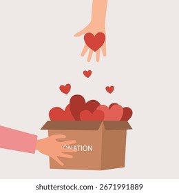 Ein Paar Hände, die eine Wohltätigkeitskiste halten, die andere Hand, die Herzen in die Kiste stecken, Konzept zum Teilen von Liebe, Hilfe für andere, Von der Wohltätigkeitskasse unterstützte Vektorgrafik