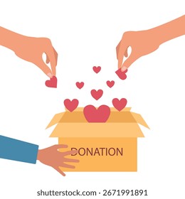 Un par de manos sosteniendo una caja de caridad, la otra mano poniendo corazones en la caja, Concepto para compartir el amor, Ayudar a los demás, Ilustración vectorial apoyada por la caridad