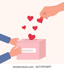 Um par de mãos segurando uma caixa de caridade, a outra mão colocando corações dentro da caixa , Conceito para compartilhar o amor, Ajudando os outros, Caridade apoiou ilustração vetorial