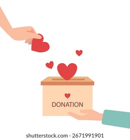 Un par de manos sosteniendo una caja de caridad, la otra mano poniendo corazones en la caja, Concepto para compartir el amor, Ayudar a los demás, Ilustración vectorial apoyada por la caridad