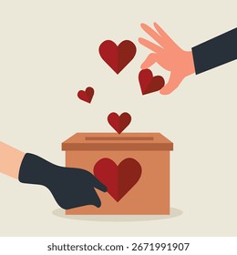 A pair of hands holding a charity box, the other hand  putting hearts into the box box , Concept for sharing love, Helping others, Charity supported vector illustration