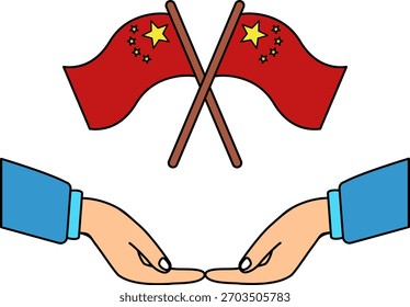Um par de mãos segurando uma bandeira chinesa 
