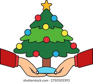 Um par de mãos segurando uma árvore de Natal