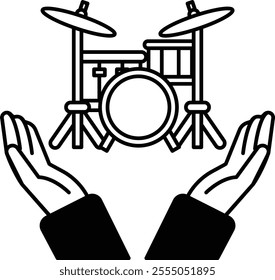 A pair of hands are holding a drum and drumsticks