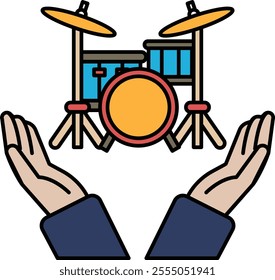 A pair of hands are holding a drum and drumsticks. The drum is yellow and the sticks are red. Concept of protection and care for the drum, as if it were a precious object