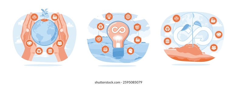 A pair of hands holding a globe. Light bulb with a circular economy icon. Buds with a circular economy icon. Green energy,  Natural resources concept.Set flat vector illustration.