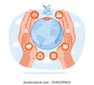 A pair of hands holding a globe. Sustainable economic growth. Natural resources concept. Flat vector illustration.