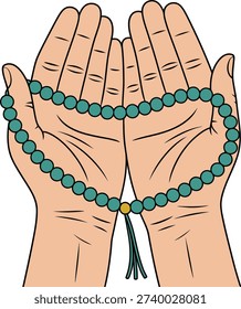 A pair of hands holding a green mala bead necklace