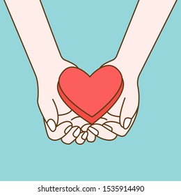 
a pair of hands holding a heart. Hand drawn style design vector illustration