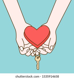 
a pair of hands holding a heart and key symbol. Hand drawn style vector illustration.