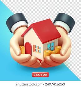 Par de manos que sostienen la casa y el dinero, Vector 3D. Adecuado para negocios, propiedades y Elementos de diseño