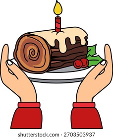 A pair of hands holding a Log cake
