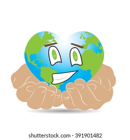 Pair of hands holding our happy planet with a heart shape on a white background