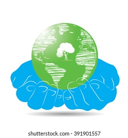 Pair of hands holding our planet on a white background