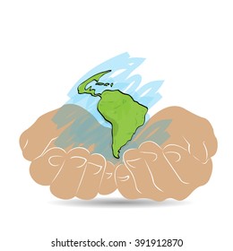 Pair of hands holding a part of our planet on a white background