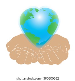 Pair of hands holding a planet earth with heart shape on a white background