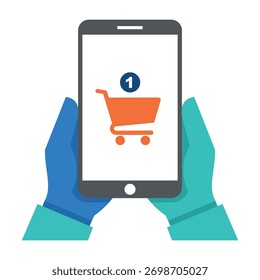 Un par de manos sosteniendo un teléfono inteligente que muestra un ícono de Carrito de compras, que representa el comercio móvil y las compras en línea
