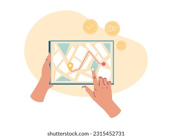 a pair of hands holding a smartphone and pointing at an app maps to show the location
flat design
vector illustration