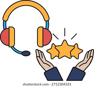 Ein Paar Hände, die drei Sterne hochhalten, mit einem Headset im Hintergrund. Konzept der Leistung und Anerkennung, da die Sterne positive Rückmeldungen oder Auszeichnungen darstellen