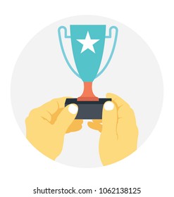 
A pair of hands holding up a trophy, flat vector illustration 
