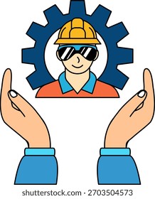 A pair of hands holding a Worker wearing a hard hat 