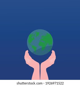 un par de manos sosteniendo el mundo sobre fondo azul