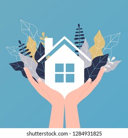 A pair of hands holds a house. Home comfort. New housing. Concept illustration on the choice of home. Protect your home.