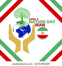 Pair of hands icon with earth, tree, bold text, ribbon and flag of Iran on white background on white background to commemorate Nature Day on April 2 in Iran