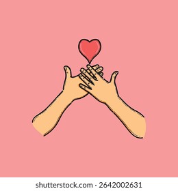 A pair of hands intertwined beneath a heart symbol, representing love, unity, and self care, depicted against a soft pink background, conveying a message of togetherness and emotional bonding.