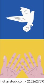 A pair of hands is letting go a white dove. with the color of Ukrainian flag as background, symbolizing stand with Ukraine. Vector.

