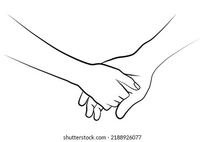 A pair of hands in a linear drawing. Continuous linear drawing of hands. Two hands are holding each other. Tattoo.