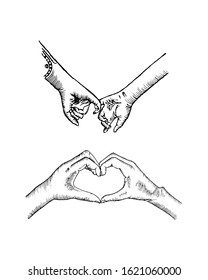 A pair of hands with love symbol, concept for relationship and love. Hand drawn vector illustration
