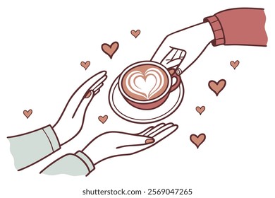 A pair of hands offering a steaming cup with coffee.