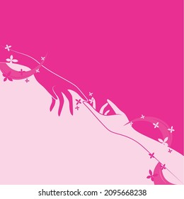 A pair of hands on a pink background. Space for text