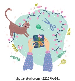 Par de manos empacando caja de regalo. Equipo de artesanía y gato sobre la mesa, vista superior. Vacaciones de invierno preparándose. Composición de Navidad o Año Nuevo. Ilustración vectorial de estilo plano dibujada a mano.