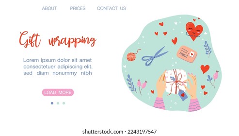 Pair of hands packing romantic gift box, top view. Gift wrapping process, online services landing or web page template. Banner for advertising. Hand drawn flat style vector illustration.