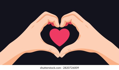 Pair of hands are positioned to form a heart shape around a bright pink heart icon against a solid and dark black background.