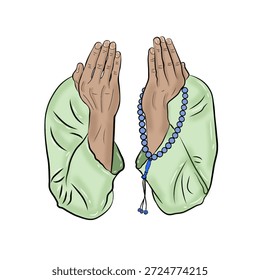 Um par de mãos em uma posição de oração, vestindo uma roupa verde com contas de oração.