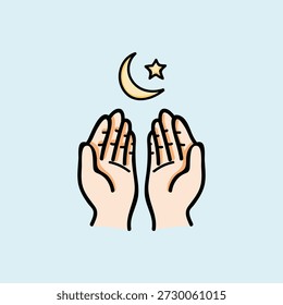 A pair of hands raised in prayer beneath a crescent moon and star, set against a soft blue night background. This image conveys faith, hope, spirituality, and peaceful devotion. Ramadan theme