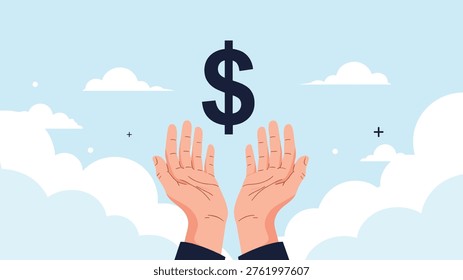 Pair of hands reach upwards towards a giant dark dollar sign floating in a sky filled with soft white clouds.