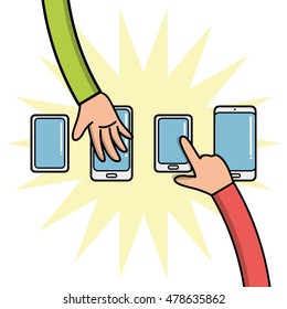 Pair of hands with a set of cellphones, Vector illustration