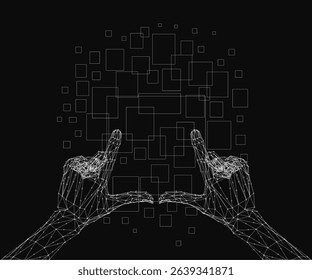 A pair of hands are shown in a black and white image with a grid pattern. Concept of technology and modernity, as the hands are depicted as if they are interacting with a digital device