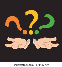 a pair of hands and some question symbols in black background