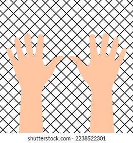 Pair of hands with spread fingers. Opened hands on black mesh background. Open palms raised up. Human body parts. Two fives silhouettes isolated. Right and left palms with wrists. Close-up.